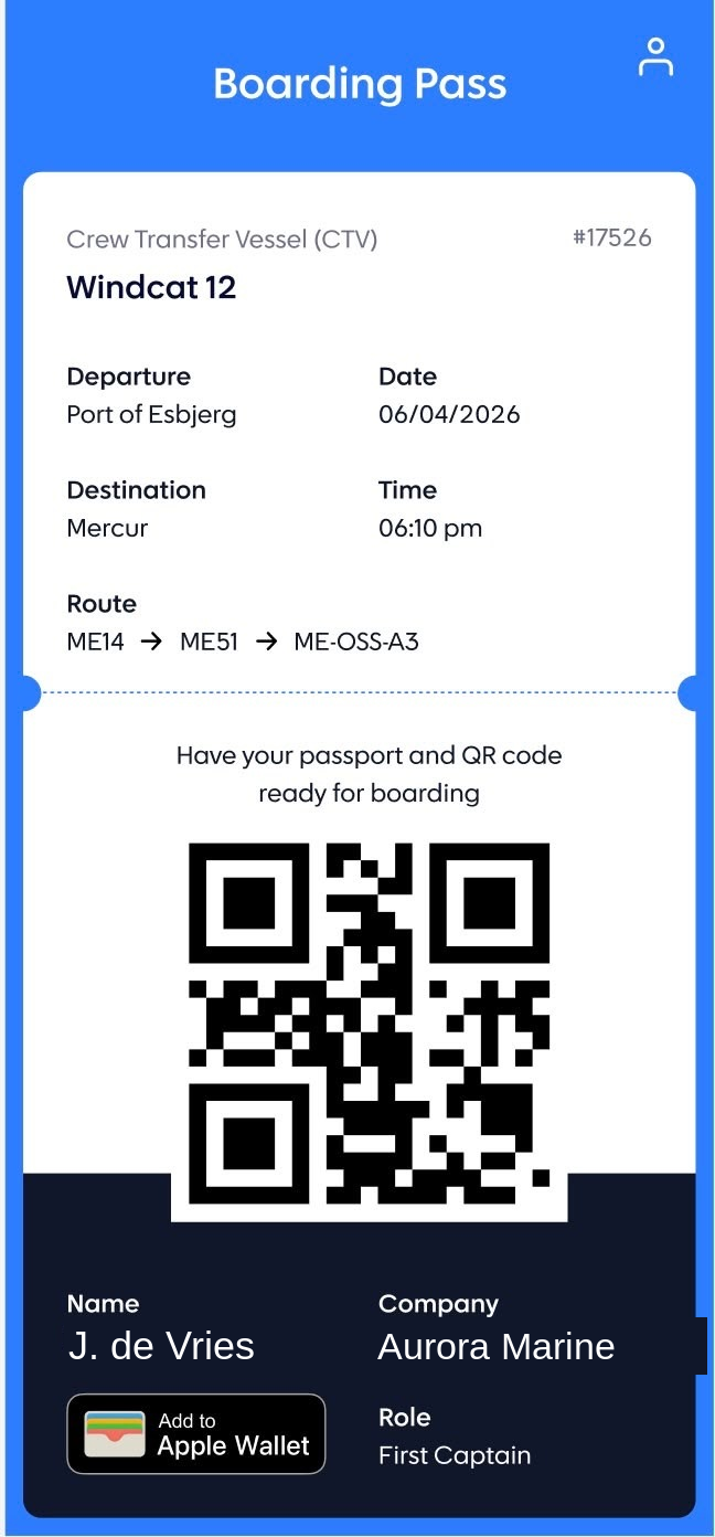 A digital boarding pass showing verified transfer details
