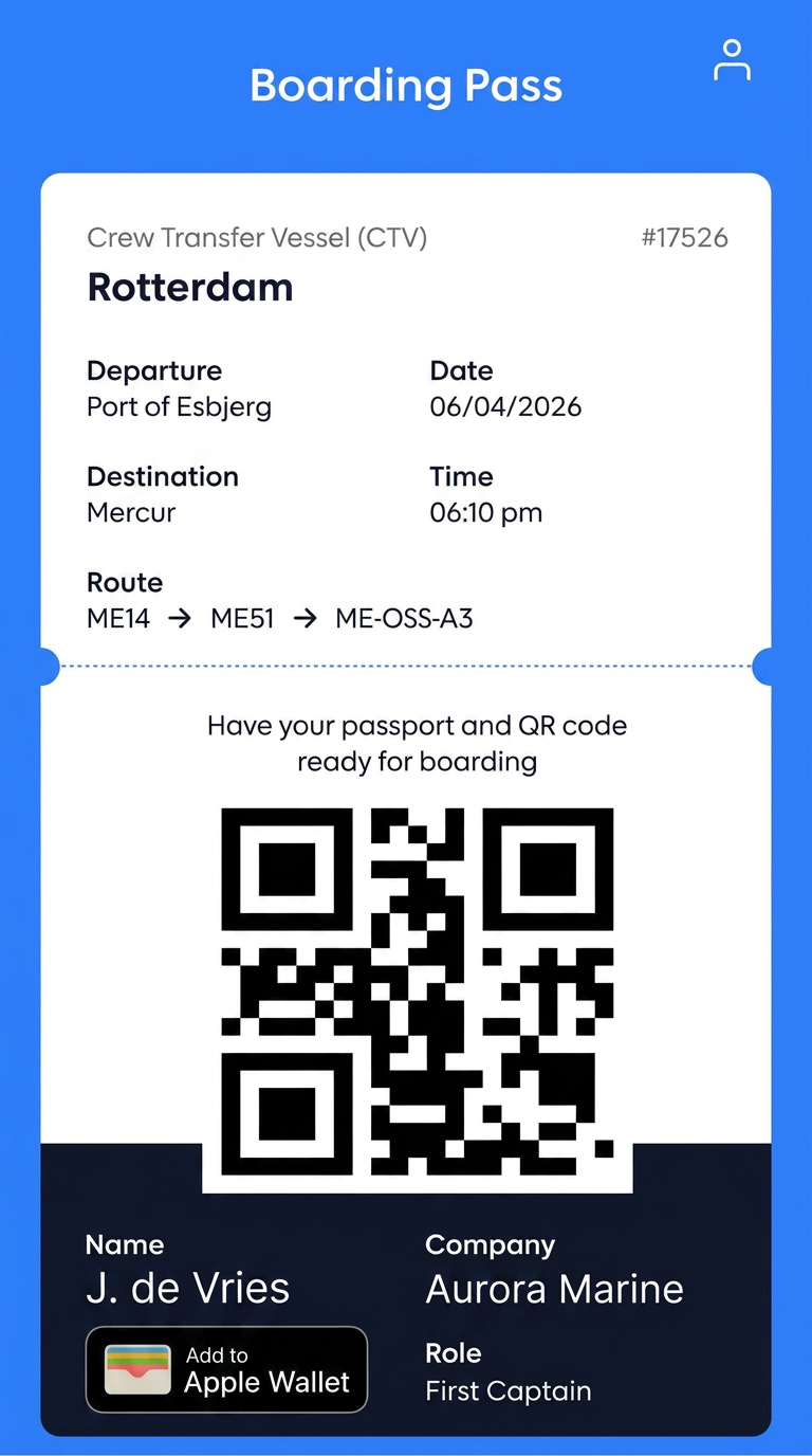 A digital boarding pass showing verified transfer details