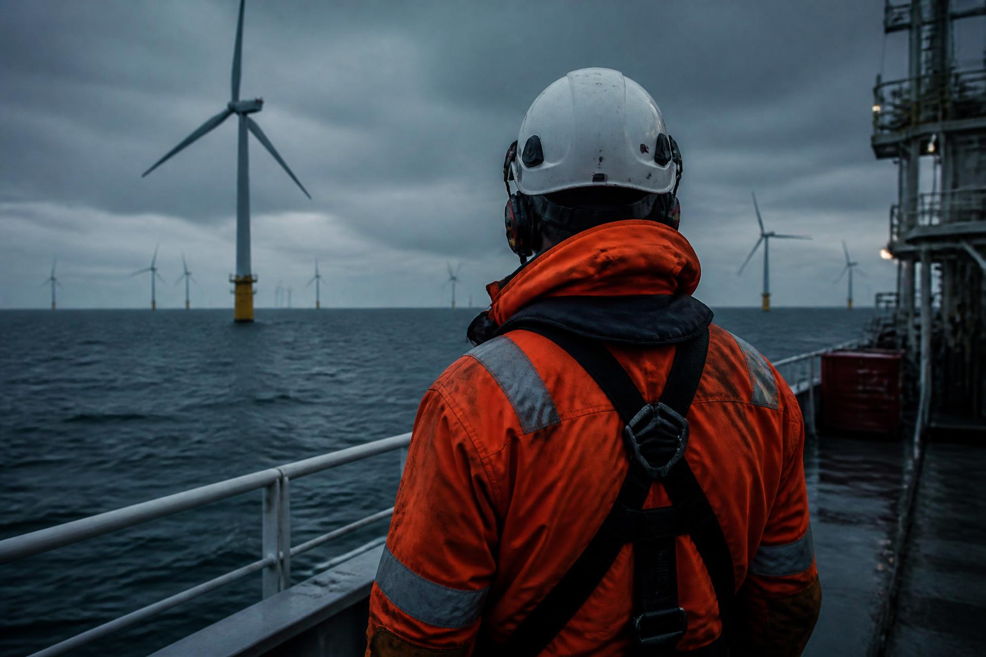 Offshore wind technician in orange gear looking out over turbines at sea