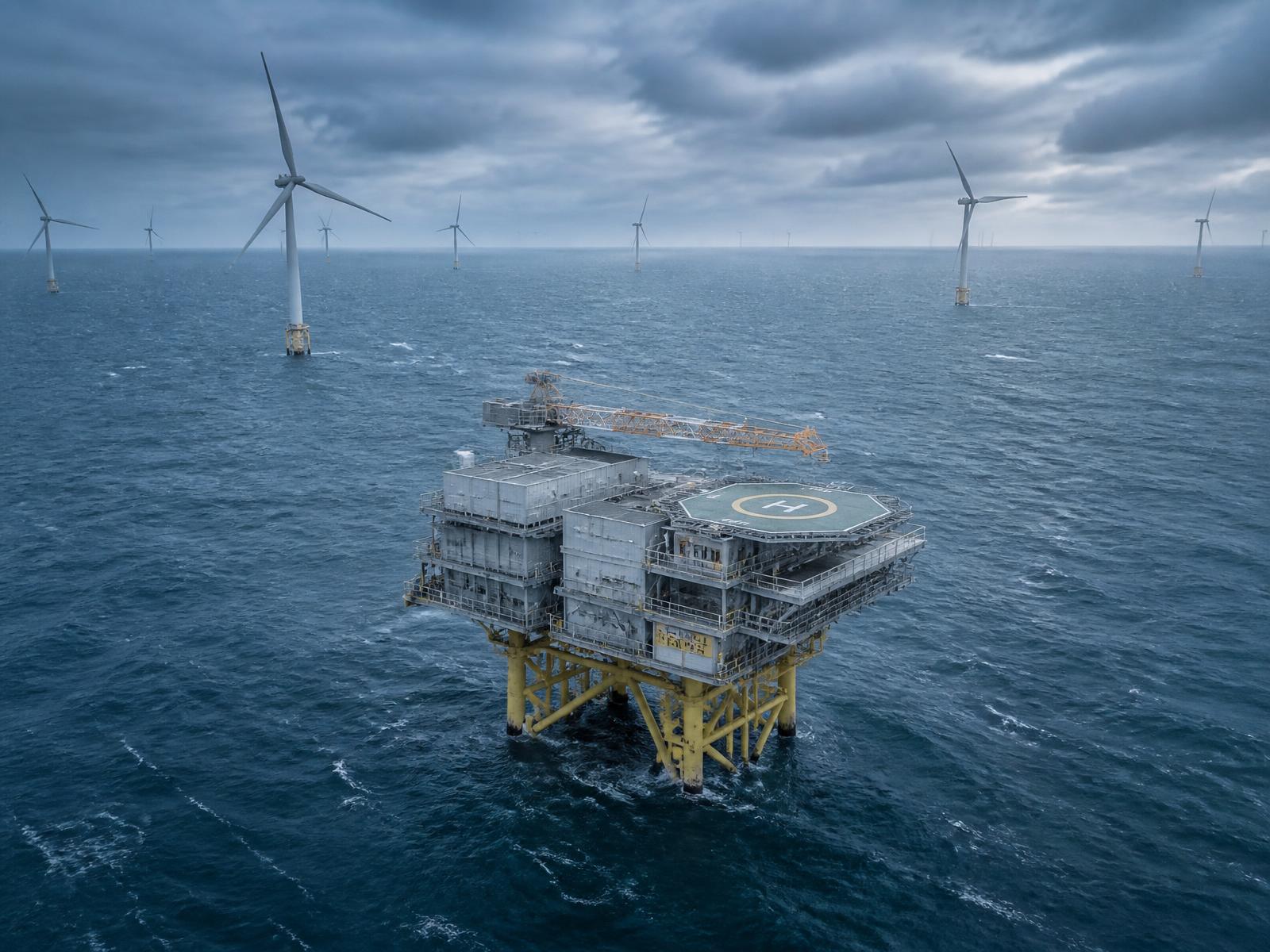 Offshore substation platform surrounded by wind turbines